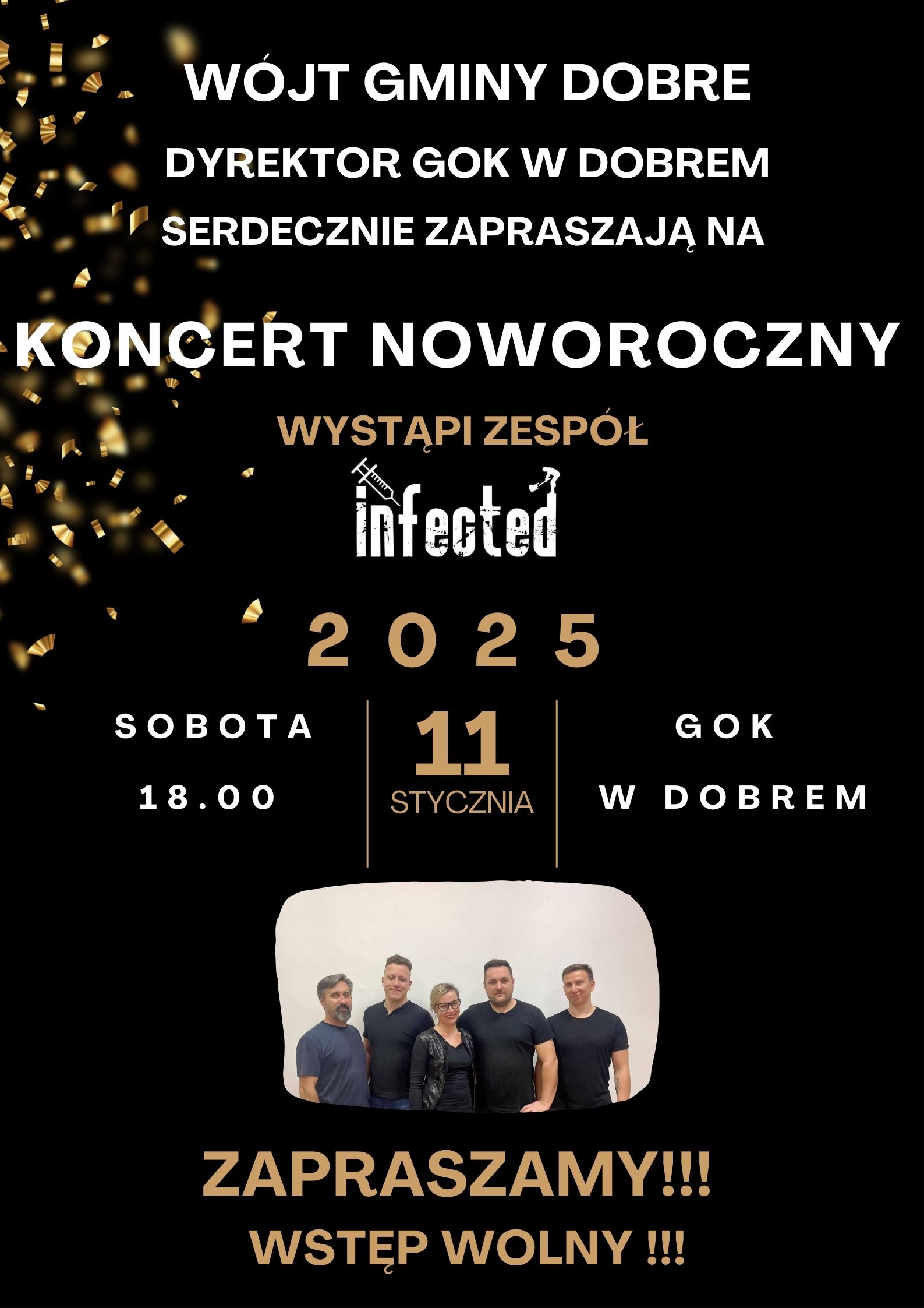 Plakat Koncert noworoczny, sobota 11 stycznia o 18:00, GOK w Dobrem
