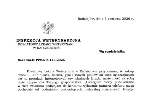 Informacja Powiatowego Lekarza Weterynarii w Radziejowie odnośnie zakupu drobiu