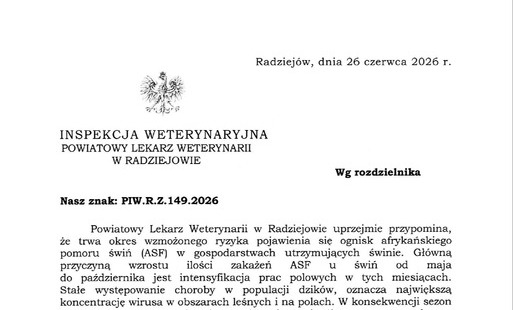 Informacja Powiatowego Lekarza Weterynarii w Radziejowie w sprawie wzmożonego ryzyka pojawienia sie ognisk afrykańskiego pomoru świń (ASF)