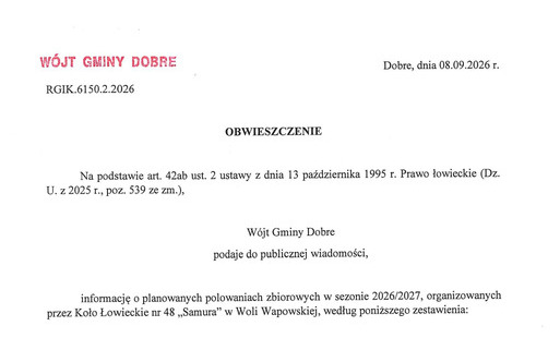 Obwieszczenie o planowanych polowaniach zbiorowych w sezonie 2026-2027 przez koło łowieckie "SAMURA"