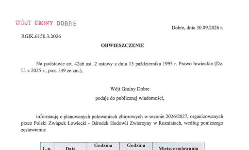 Obwieszczenie o planowanych polowaniach zbiorowych w sezonie 2026-2027 OHZ Rożniaty