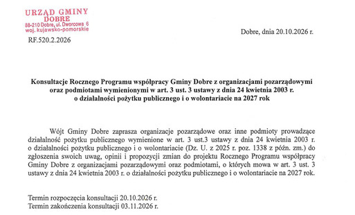 Konsultacje Rocznego Programu Współpracy Gminy Dobre z organizacjami pozarządowymi oraz podmiotami wymienionymi w art. 3 ust. 3 ustawy z dnia 24 kwietnia 2003 r. o działalności pożytku publicznego i o wolontariacie na 2027 rok