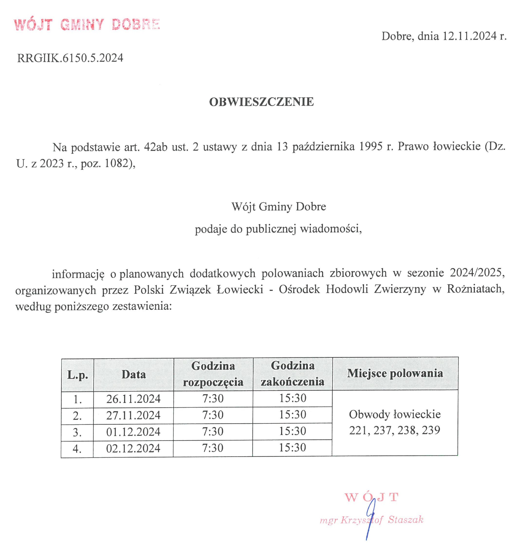 Obwieszczenie o dodatkowych polowaniach zbiorowych organizowanych przez PZŁ OHZ Rożniaty.jpg (447 KB)