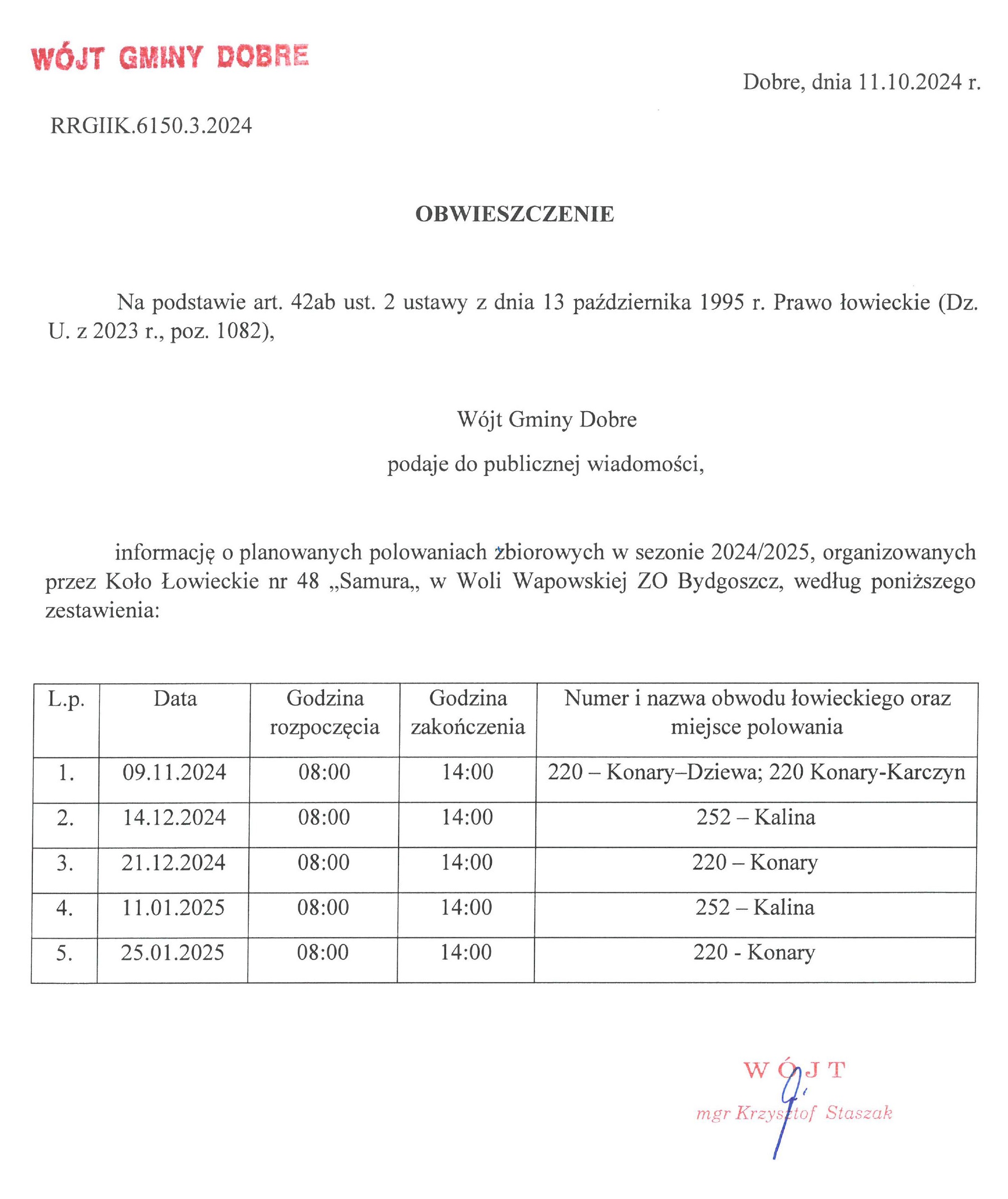 Obwieszczenie o polowaniach zbiorowych w sezonie 2024-2025 Koło łowieckie SAMURA.jpg (579 KB)