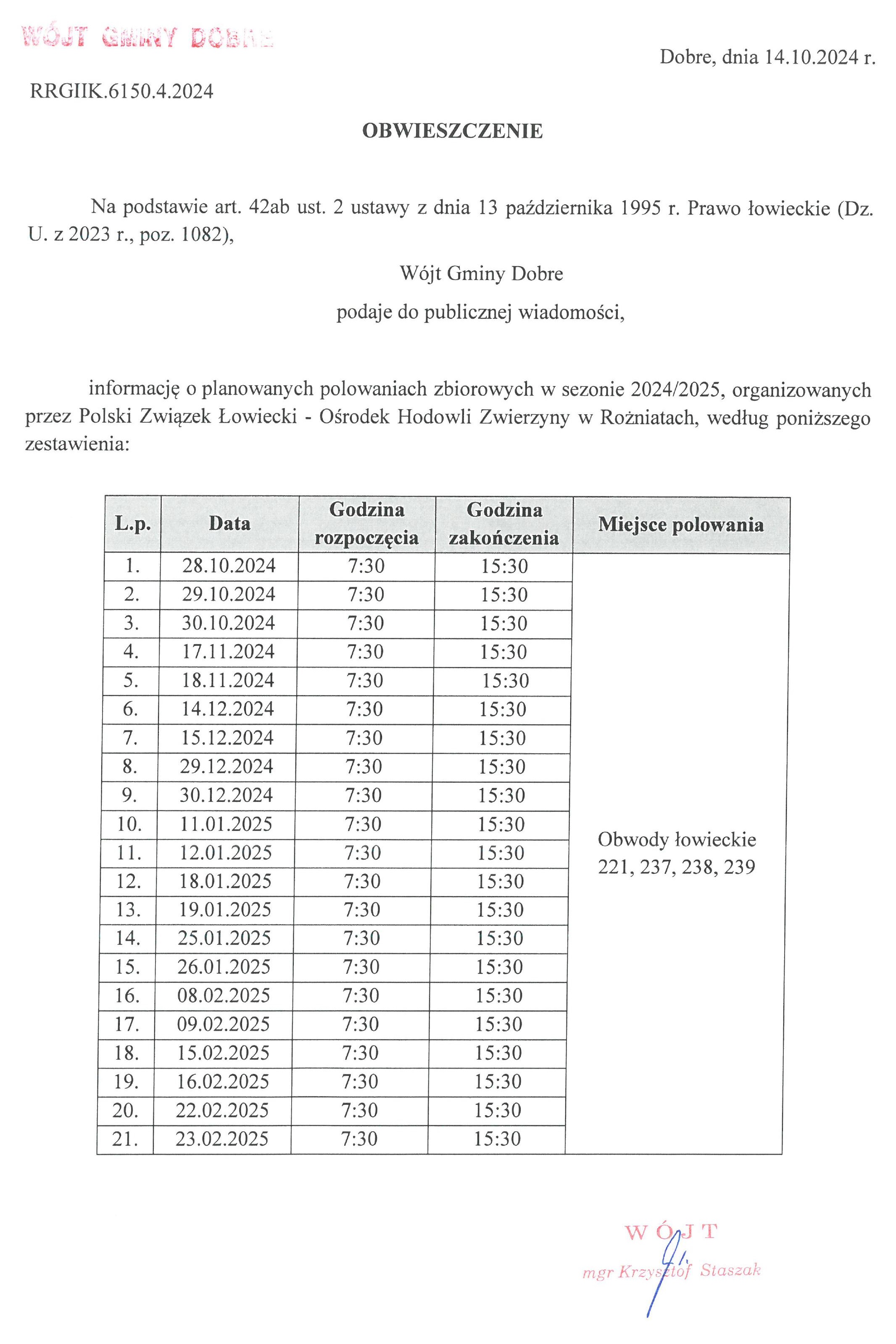 Obwieszczenie o polowaniach zbiorowych w sezonie 2024-2025 PZŁ OHZ Rożniaty.jpg (842 KB)